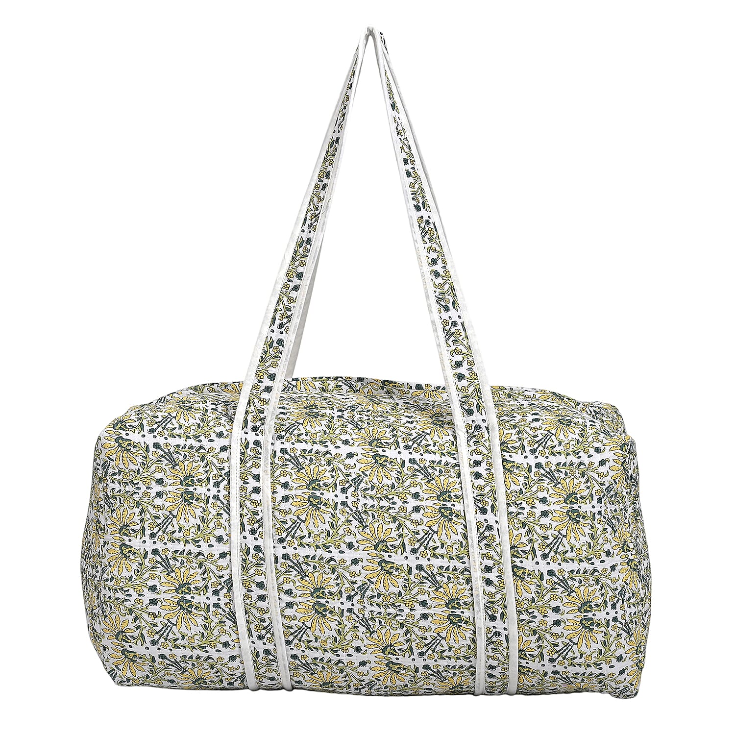 Quilted Fabric Floral Print Travel Duffel Bag - White, Yellow & Green