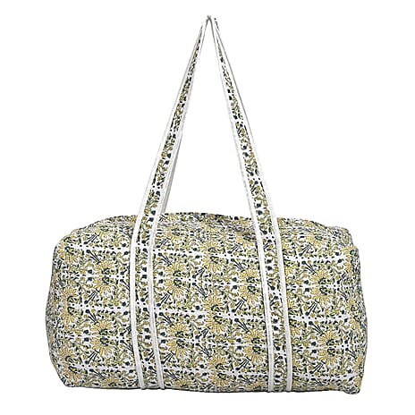 Quilted Fabric Floral Print Travel Duffel Bag - White, Yellow & Green