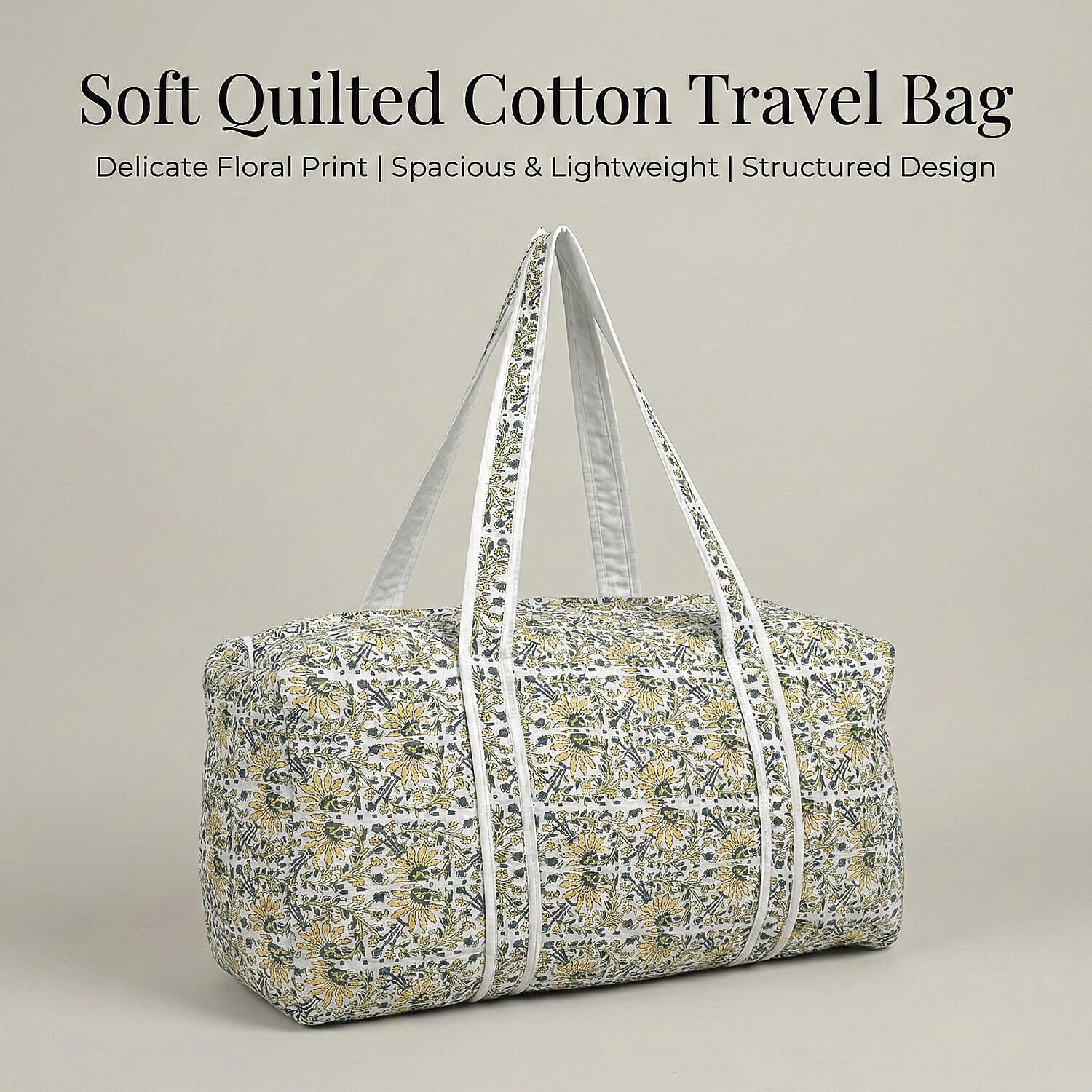 Quilted Fabric Floral Print Travel Duffel Bag - White, Yellow & Green
