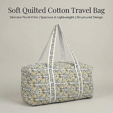Quilted Fabric Floral Print Travel Duffel Bag - White, Yellow & Green