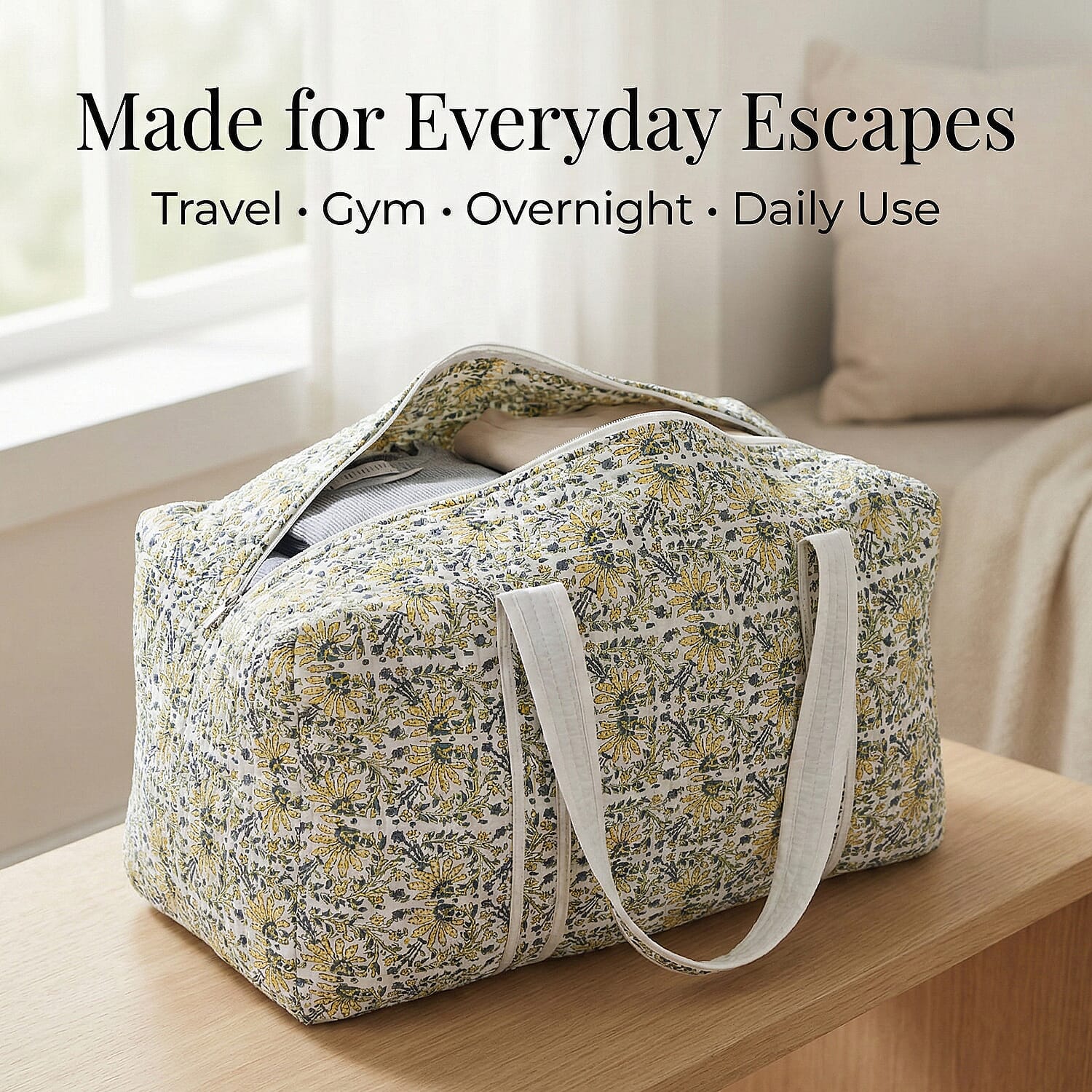 Quilted Fabric Floral Print Travel Duffel Bag - White, Yellow & Green