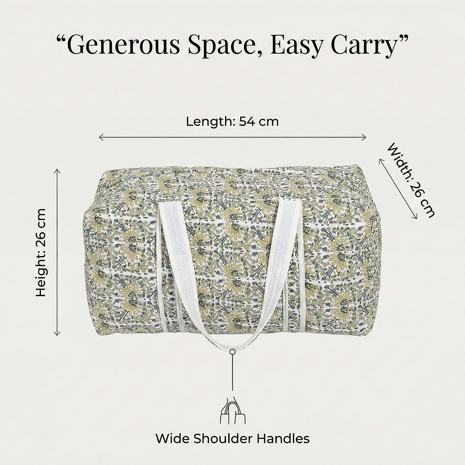 Quilted Fabric Floral Print Travel Duffel Bag - White, Yellow & Green