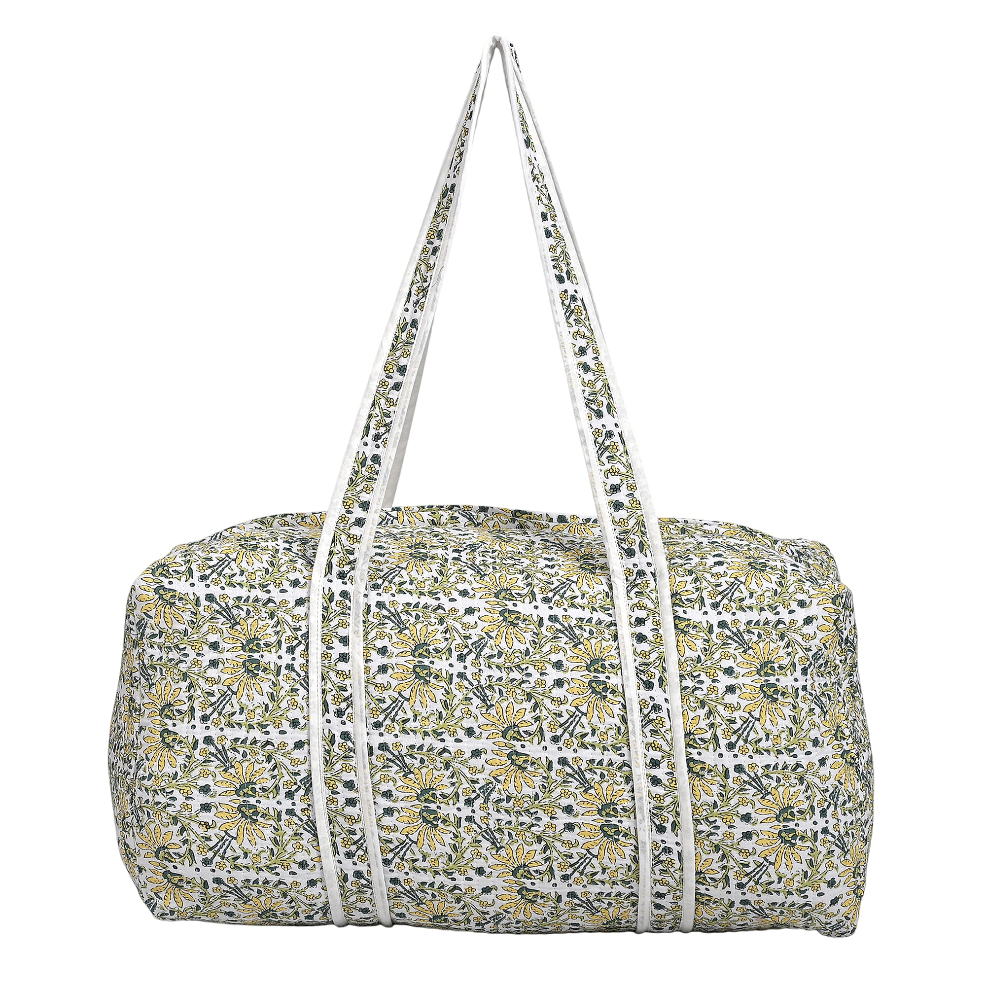 Quilted Fabric Floral Print Travel Duffel Bag - White, Yellow & Green