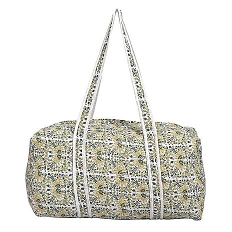 Quilted Fabric Floral Print Travel Duffel Bag - White, Yellow & Green