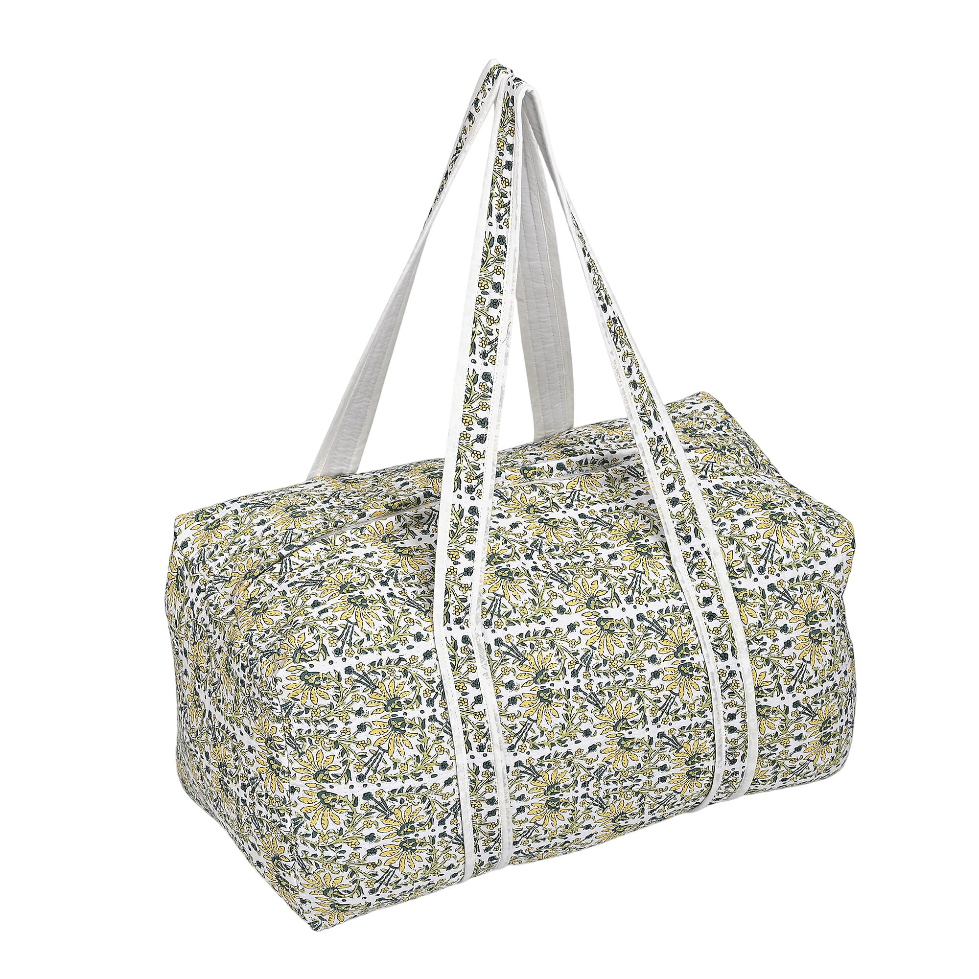 Quilted Fabric Floral Print Travel Duffel Bag - White, Yellow & Green