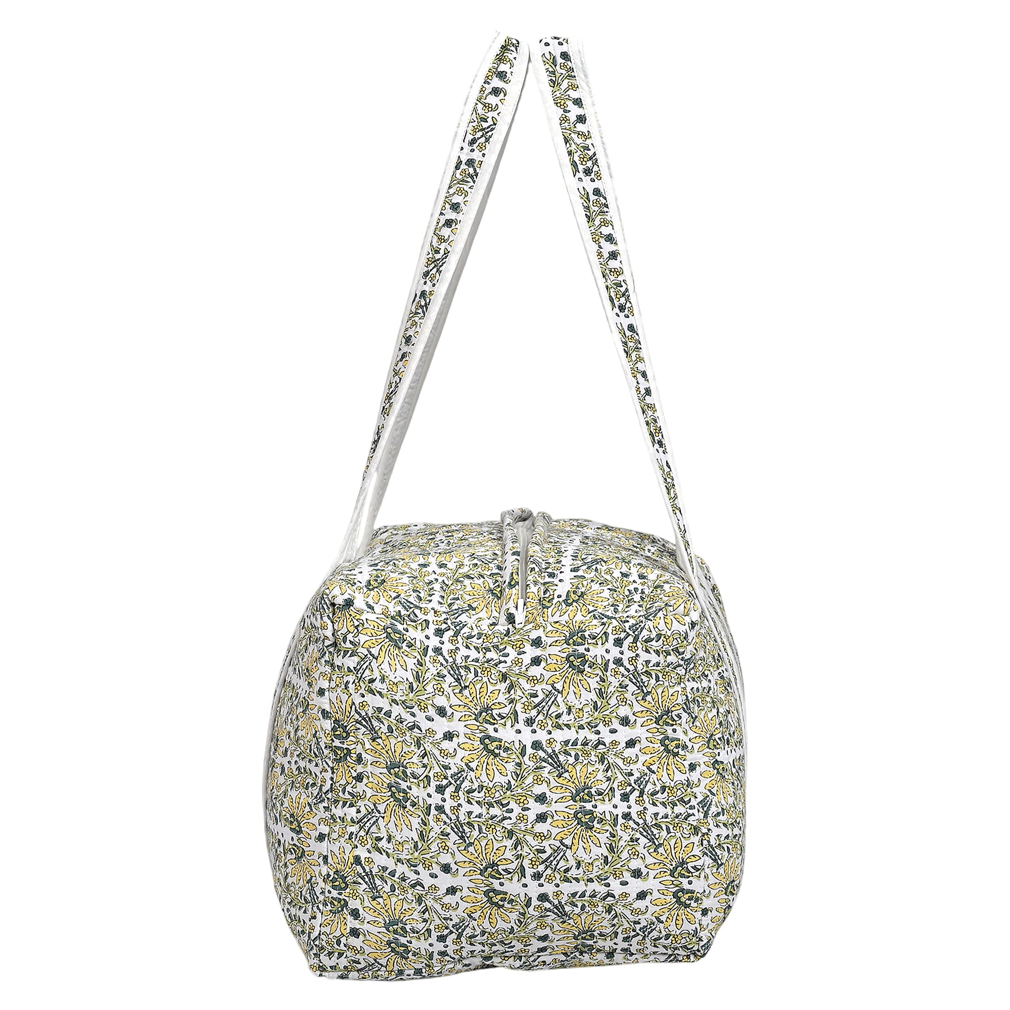 Quilted Fabric Floral Print Travel Duffel Bag - White, Yellow & Green