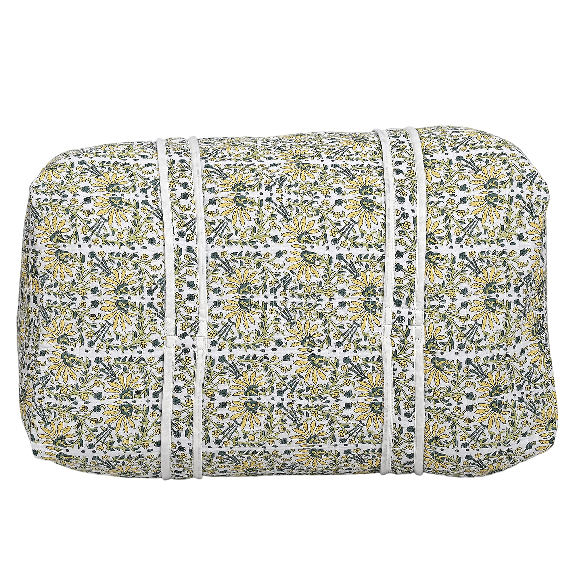 Quilted Fabric Floral Print Travel Duffel Bag - White, Yellow & Green