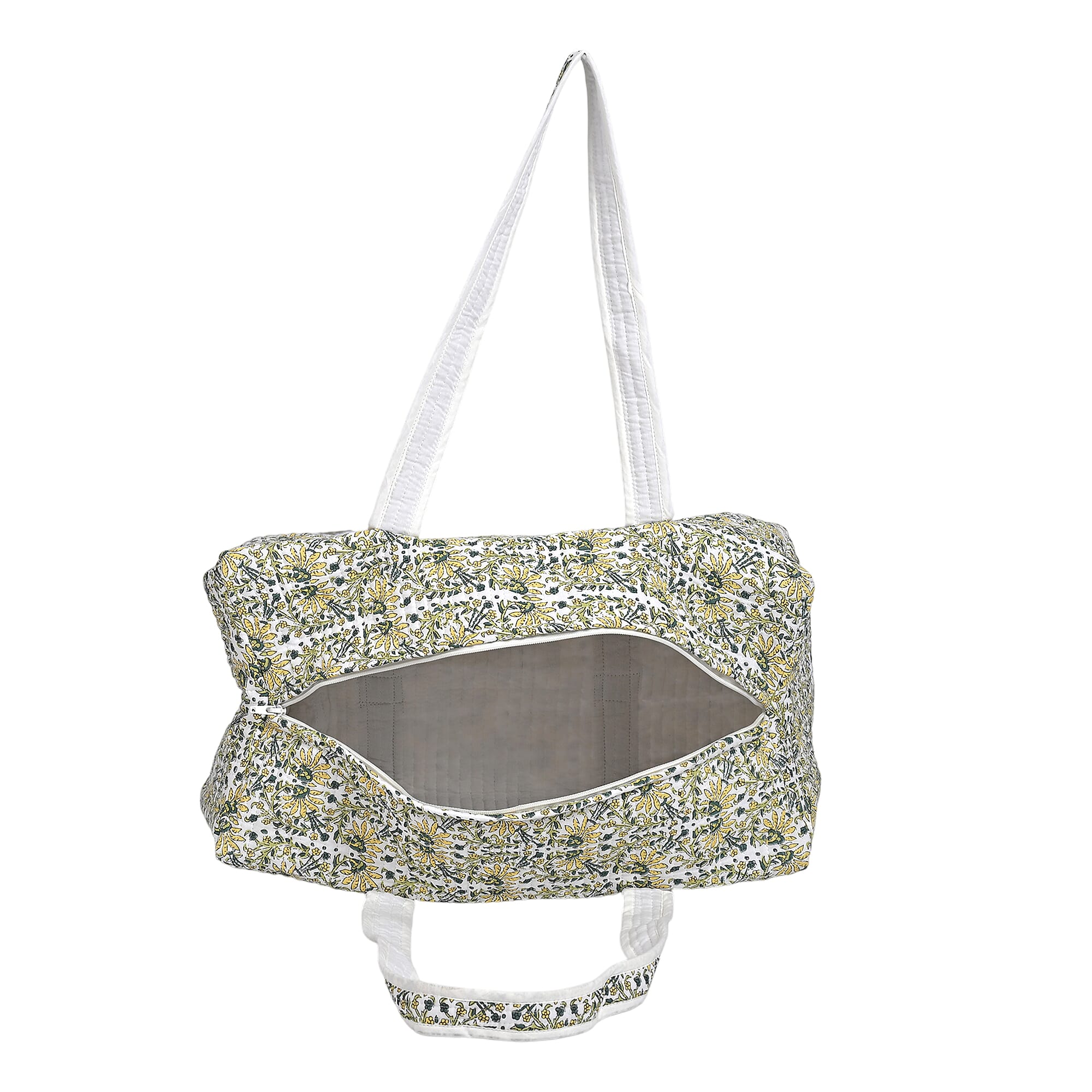 Quilted Fabric Floral Print Travel Duffel Bag - White, Yellow & Green