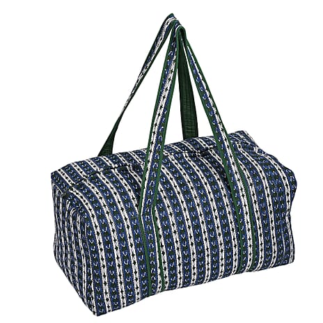 Quilted Stripe Print Travel Duffel Bag- White & Blue