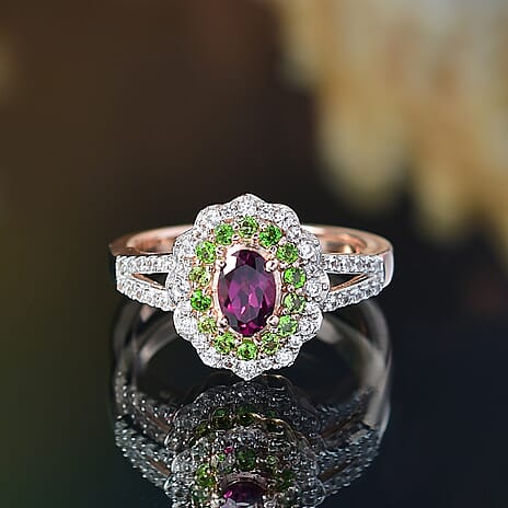Radiant Ember Garnet, Natural Chrome Diopside & White Zircon Ring in 18K Vermeil Rose Gold Plated Sterling Silver 1.28 Ct.