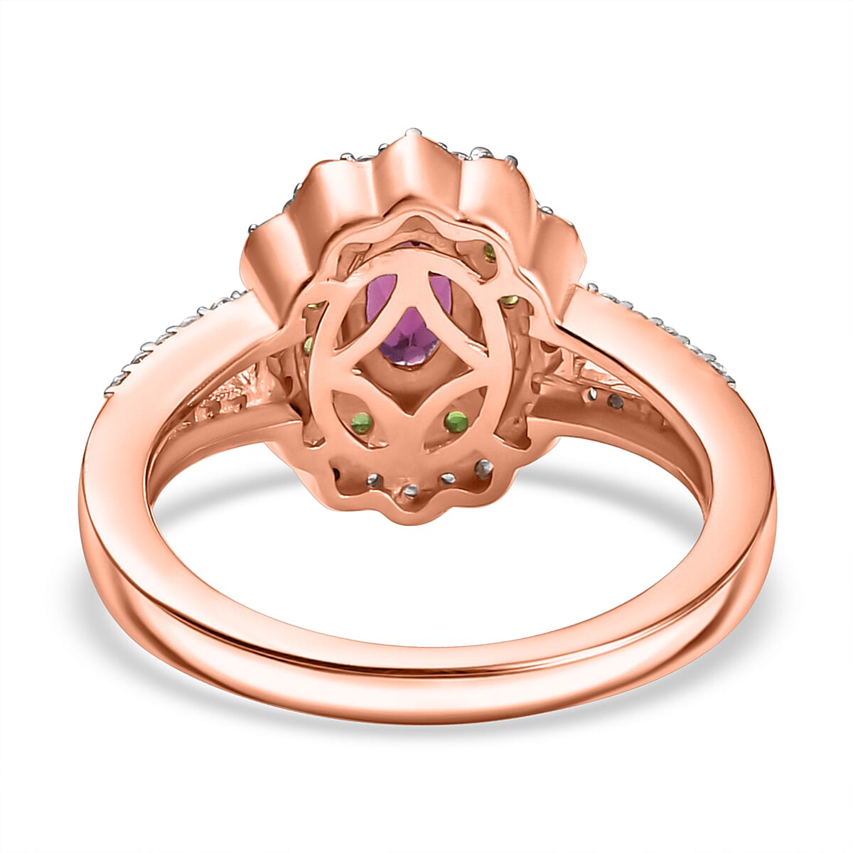 Radiant Ember Garnet, Natural Chrome Diopside & White Zircon Ring in 18K Vermeil Rose Gold Plated Sterling Silver 1.28 Ct. Radiant Ember Garnet, Natural Chrome Diopside & White Zircon Ring in 18K Vermeil Rose Gold Plated Sterling Silver 1.28 Ct.
