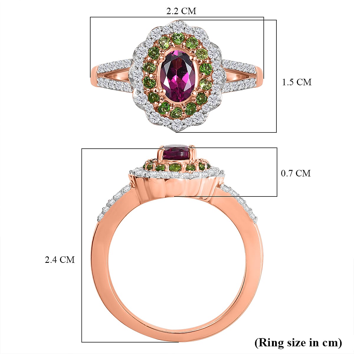 Radiant Ember Garnet, Natural Chrome Diopside & White Zircon Ring in 18K Vermeil Rose Gold Plated Sterling Silver 1.28 Ct. Radiant Ember Garnet, Natural Chrome Diopside & White Zircon Ring in 18K Vermeil Rose Gold Plated Sterling Silver 1.28 Ct.