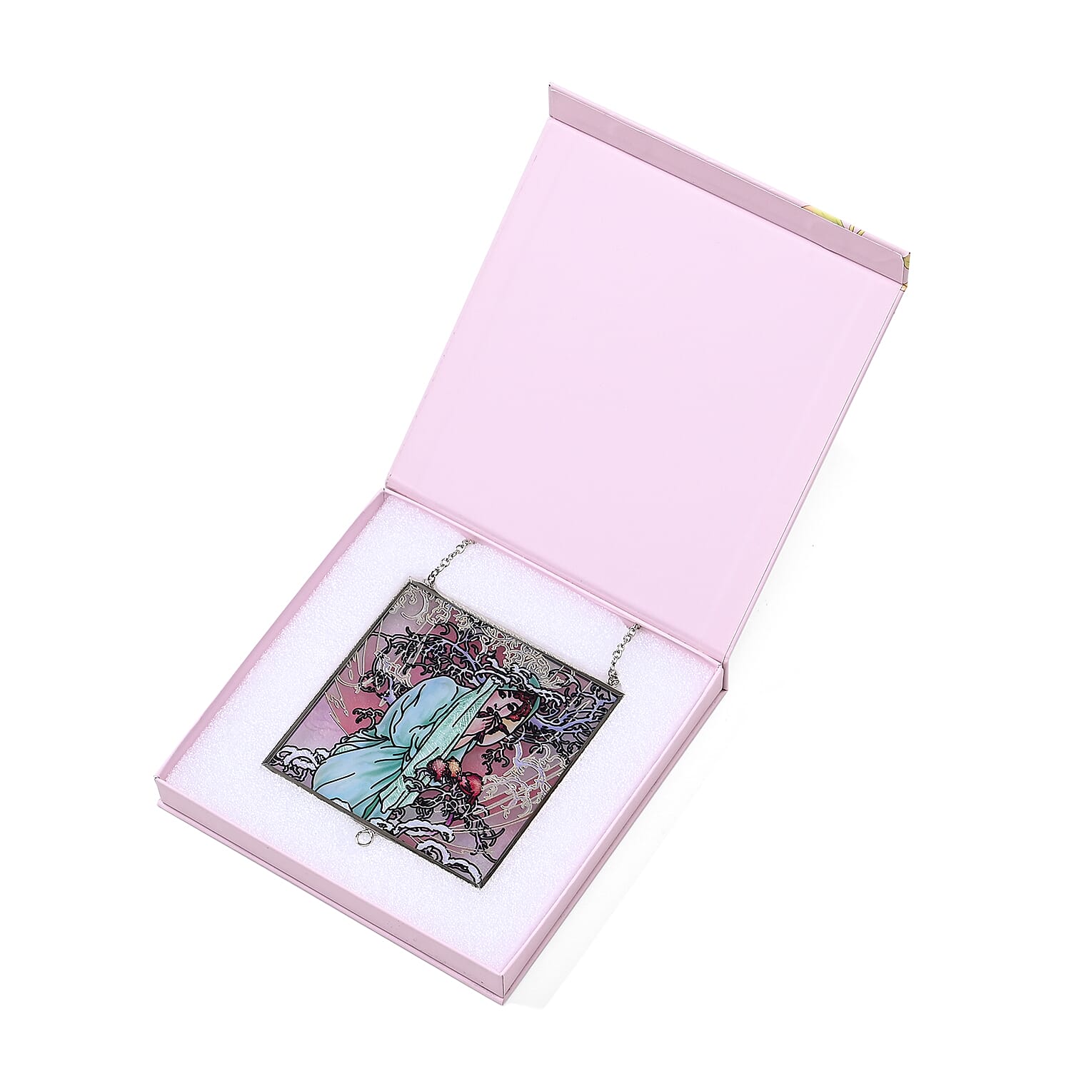 Alphonse-Maria-Mucha-Glass-Suncatcher-Square-Pendant-with-Chain-Silver