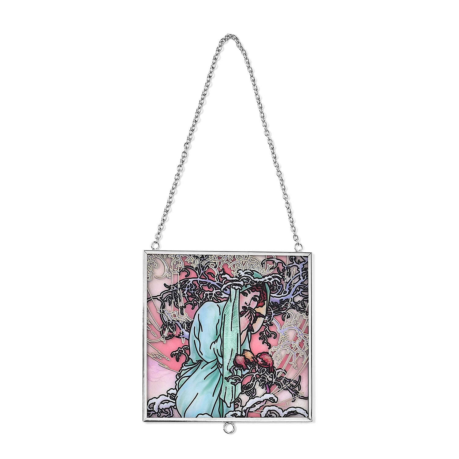 Alphonse-Maria-Mucha-Glass-Suncatcher-Square-Pendant-with-Chain-Silver