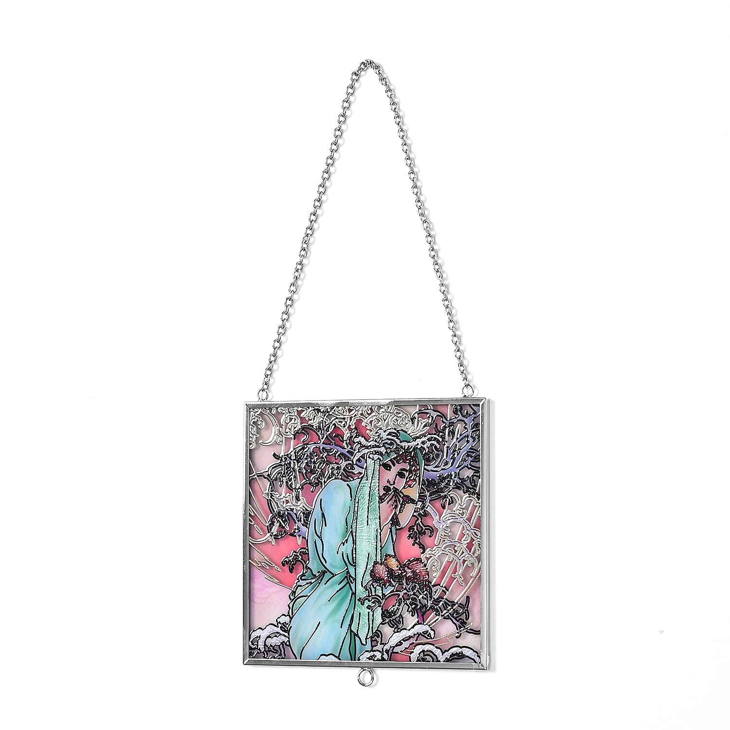 Alphonse Maria Mucha Glass Suncatcher - Square Pendant with Chain & Silver Frame - Multicolour