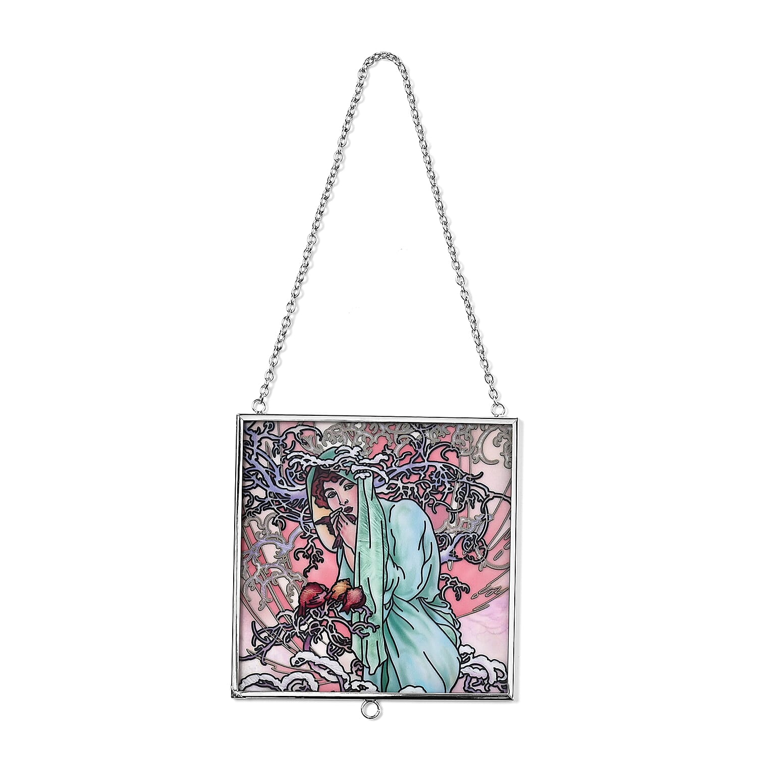 Alphonse Maria Mucha Glass Suncatcher - Square Pendant with Chain & Silver Frame - Multicolour