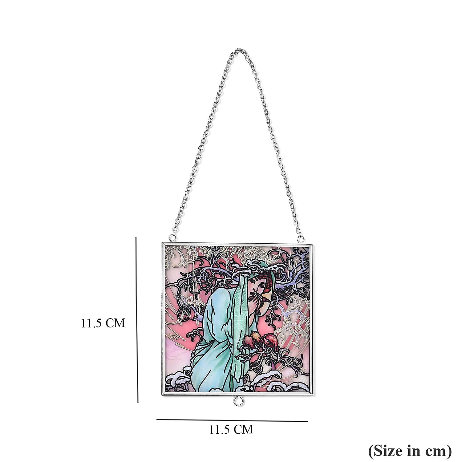 Alphonse Maria Mucha Glass Suncatcher - Square Pendant with Chain & Silver Frame - Multicolour