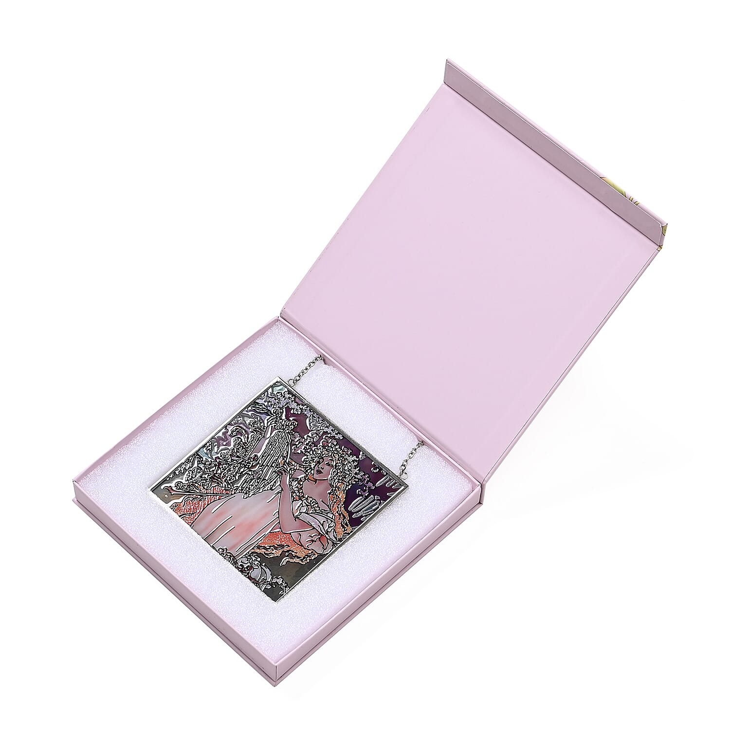 Alphonse Maria Mucha Glass Suncatcher - Square Pendant with Chain & Silver Frame - Multicolour
