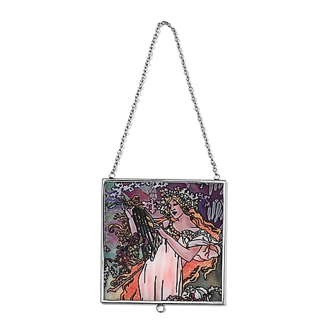 Alphonse Maria Mucha Glass Suncatcher - Square Pendant with Chain - Silver Frame - Yellow