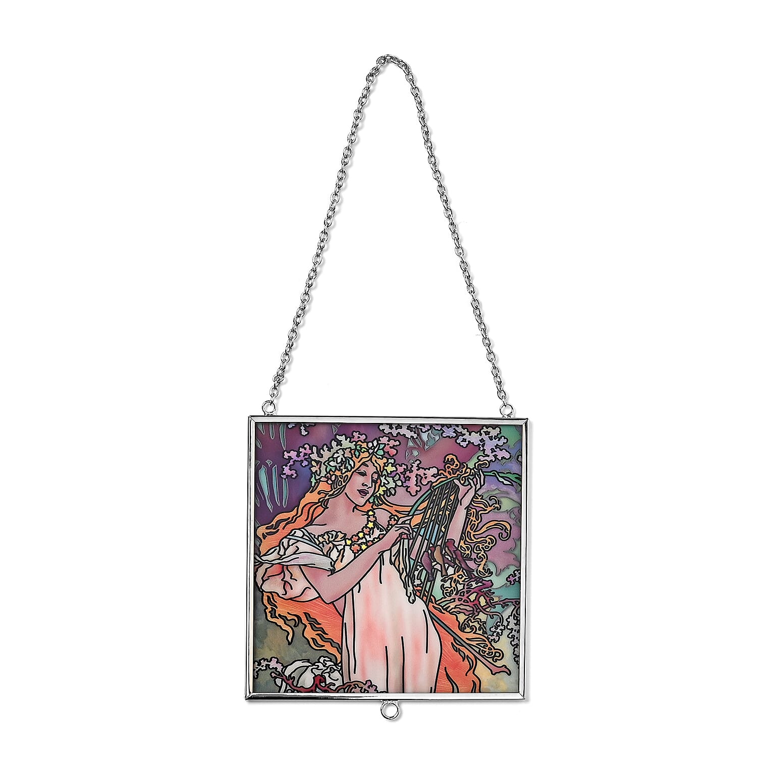 Alphonse Maria Mucha Glass Suncatcher - Square Pendant with Chain & Silver Frame - Multicolour