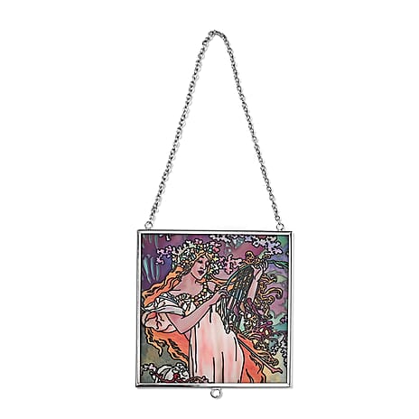 Alphonse Maria Mucha Glass Suncatcher - Square Pendant with Chain - Silver Frame - Yellow