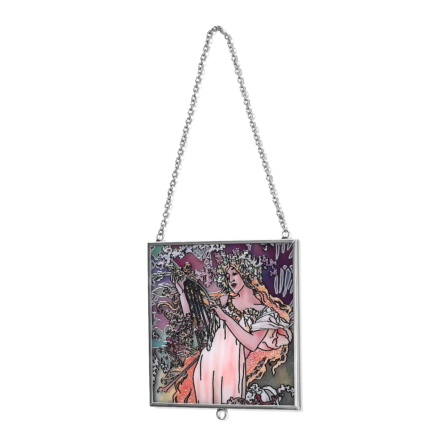 Alphonse Maria Mucha Glass Suncatcher - Square Pendant with Chain & Silver Frame - Multicolour