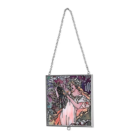 Alphonse Maria Mucha Glass Suncatcher - Square Pendant with Chain - Silver Frame - Yellow