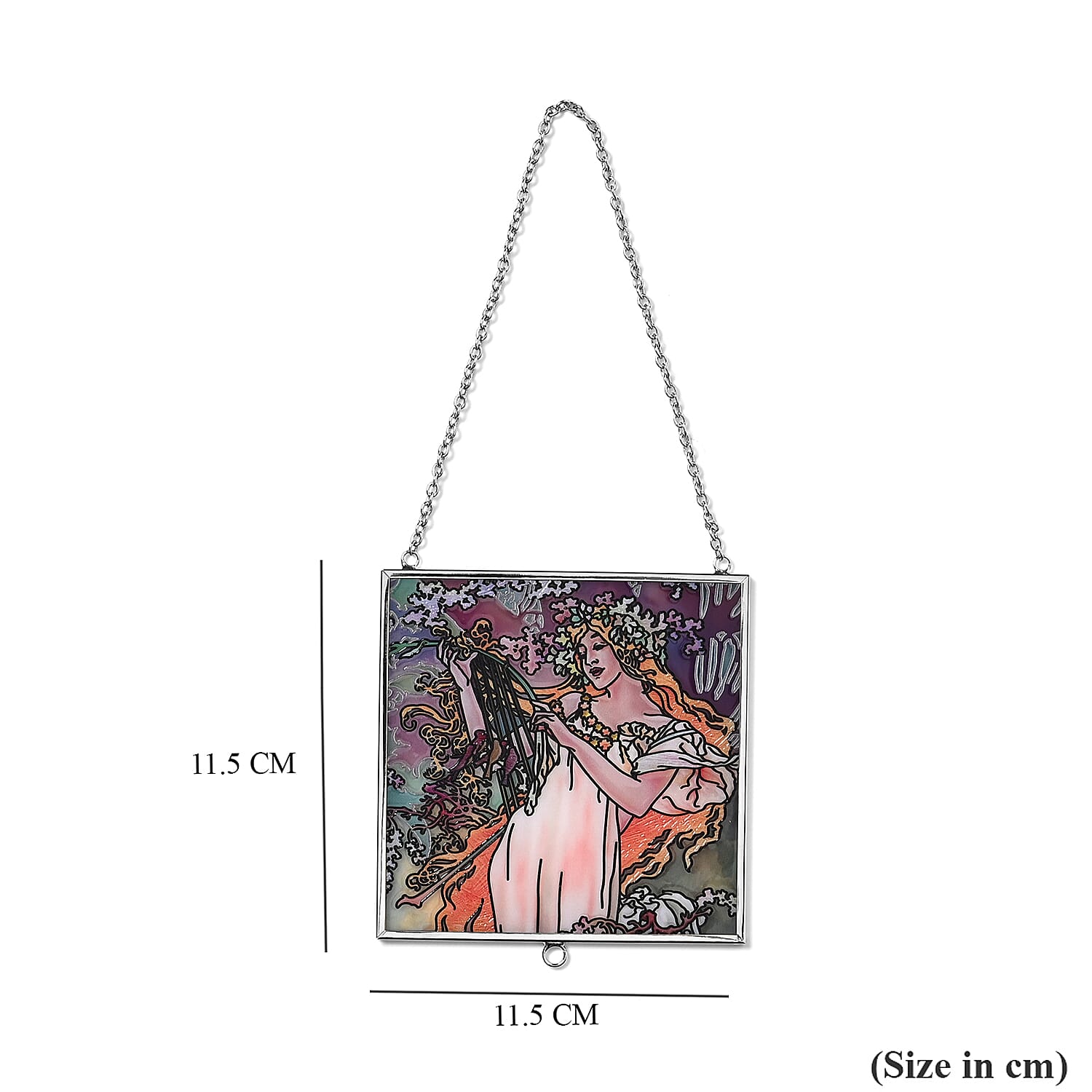 Alphonse Maria Mucha Glass Suncatcher - Square Pendant with Chain & Silver Frame - Multicolour