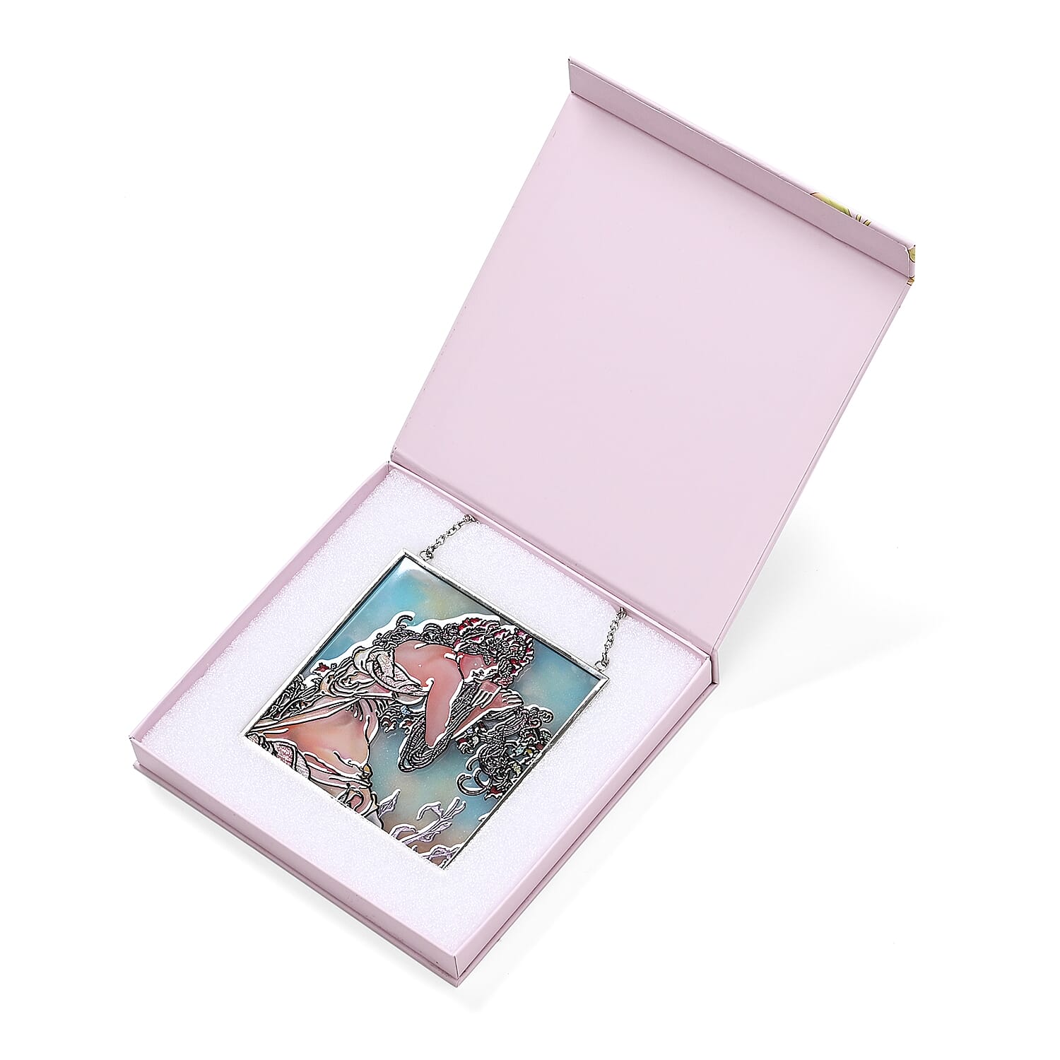 Alphonse Maria Mucha Glass Suncatcher - Square Pendant with Chain & Silver Frame - Multicolour