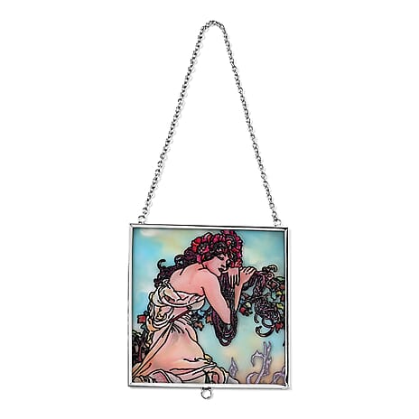 Alphonse Maria Mucha Glass Suncatcher - Square Pendant with Chain & Silver Frame - Multicolour