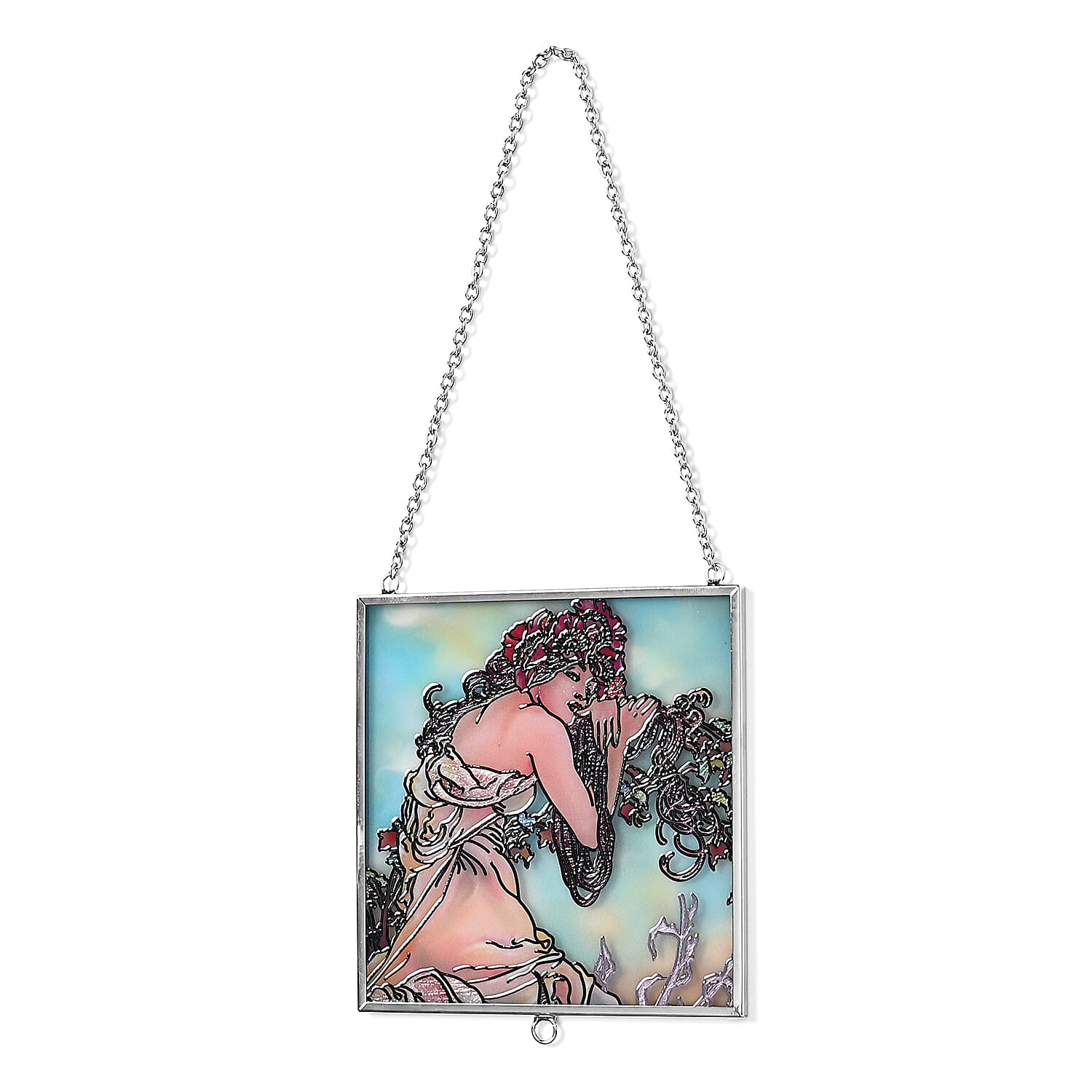 Alphonse Maria Mucha Glass Suncatcher - Square Pendant with Chain & Silver Frame - Multicolour