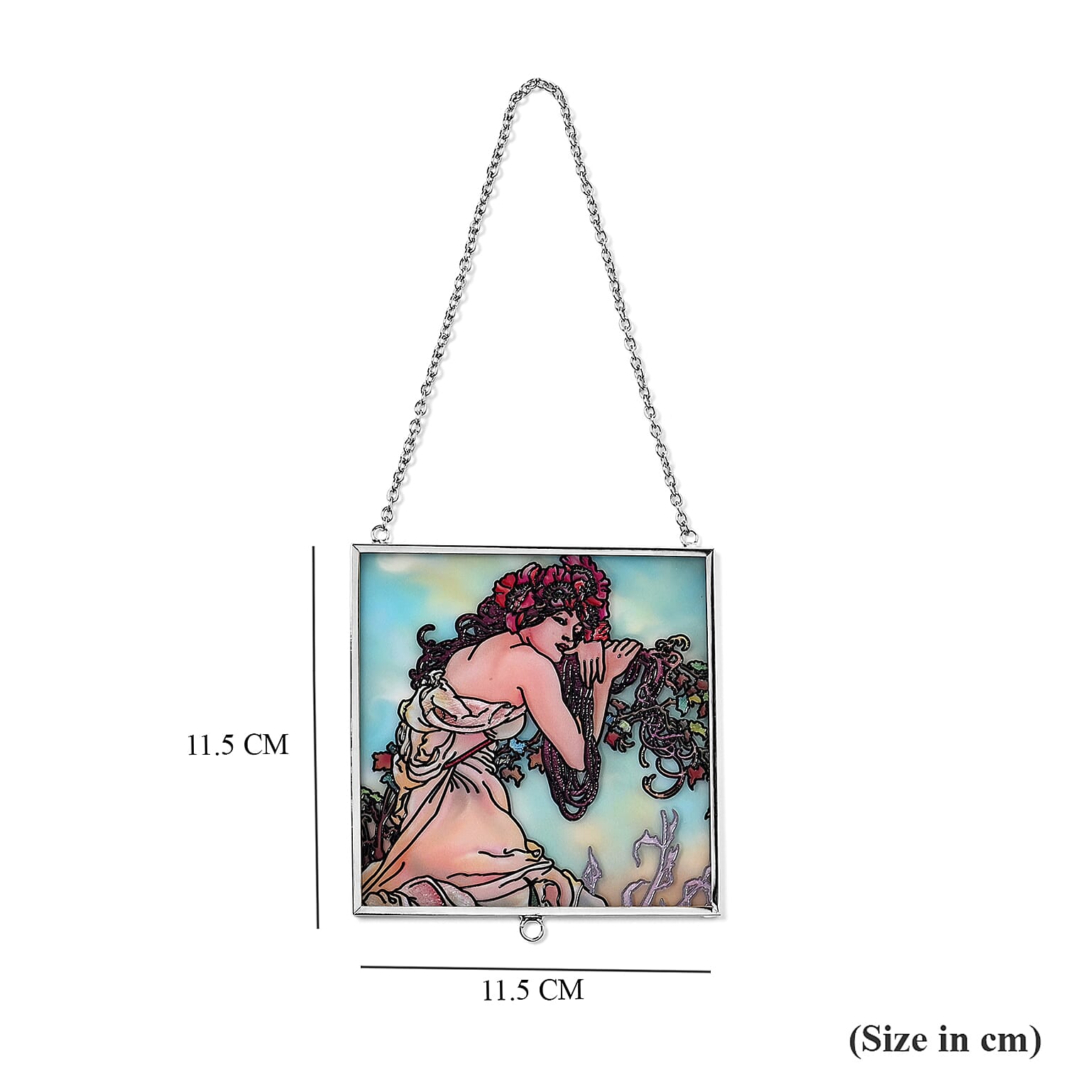 Alphonse Maria Mucha Glass Suncatcher - Square Pendant with Chain & Silver Frame - Multicolour