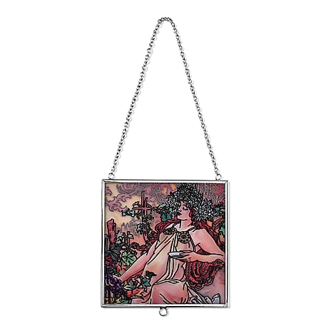 Alphonse Maria Mucha Glass Suncatcher - Square Pendant with Chain - Silver Frame - Muilti