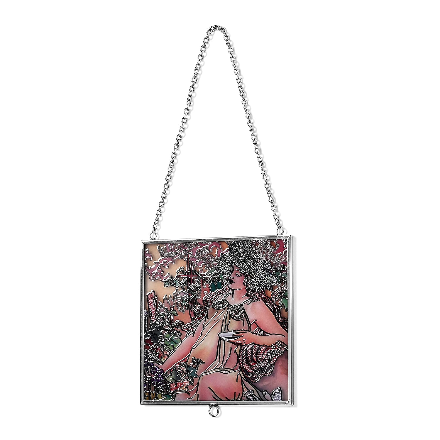 Alphonse Maria Mucha Glass Suncatcher - Square Pendant with Chain & Silver Frame - Multicolour