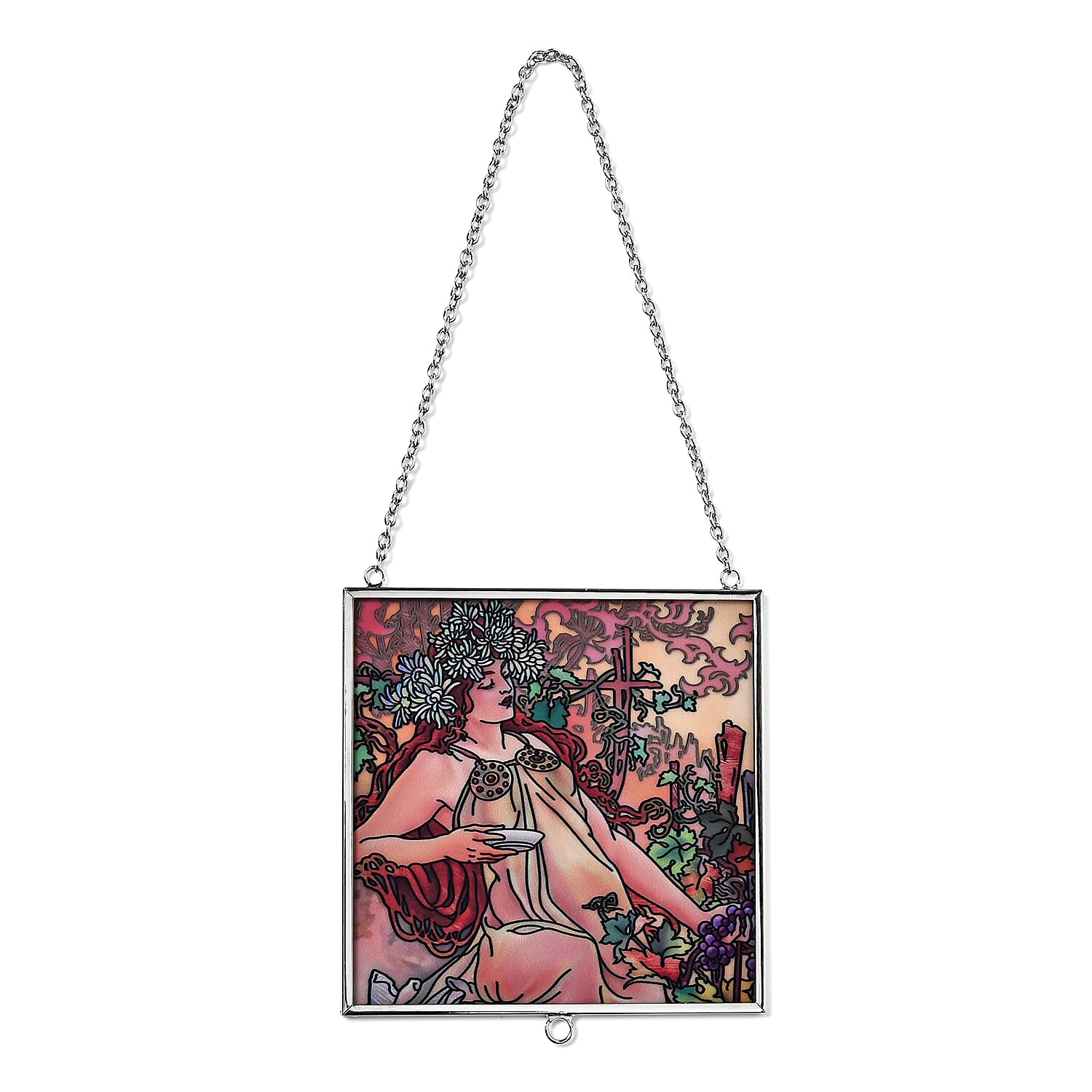 Alphonse Maria Mucha Glass Suncatcher - Square Pendant with Chain & Silver Frame - Multicolour