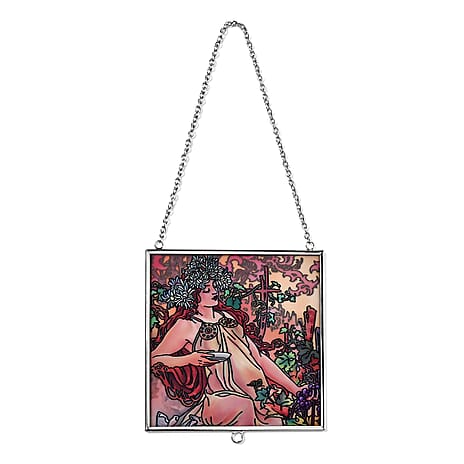 Alphonse Maria Mucha Glass Suncatcher - Square Pendant with Chain - Silver Frame - Muilti