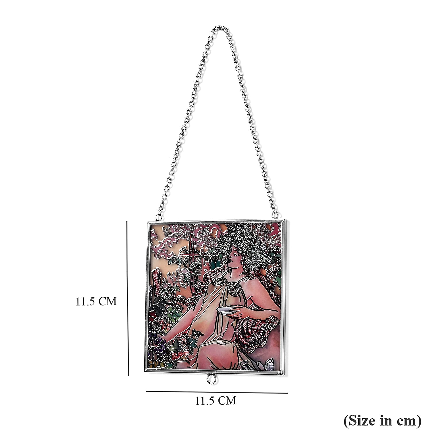 Alphonse Maria Mucha Glass Suncatcher - Square Pendant with Chain & Silver Frame - Multicolour
