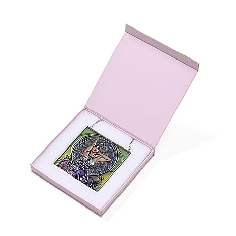 Alphonse Maria Mucha Glass Suncatcher - Square Pendant with Chain - Silver Frame - Green