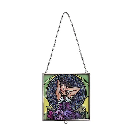 Alphonse Maria Mucha Glass Suncatcher - Square Pendant with Chain - Silver Frame - Green
