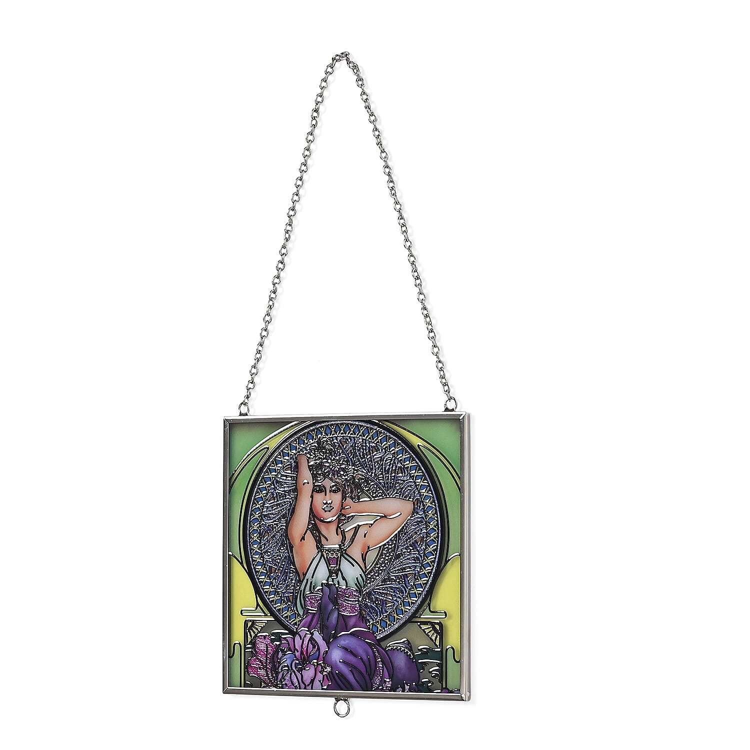 Alphonse Maria Mucha Glass Suncatcher - Square Pendant with Chain & Silver Frame - Multicolour