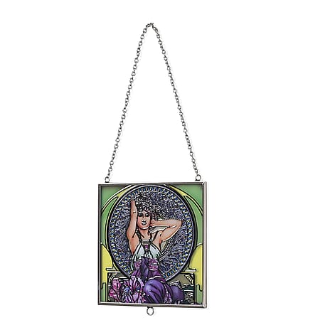 Alphonse Maria Mucha Glass Suncatcher - Square Pendant with Chain - Silver Frame - Green
