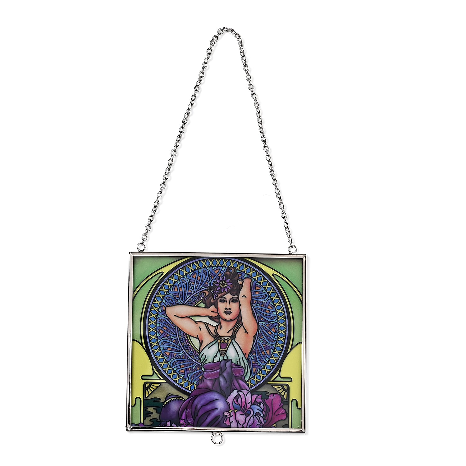 Alphonse Maria Mucha Glass Suncatcher - Square Pendant with Chain & Silver Frame - Multicolour