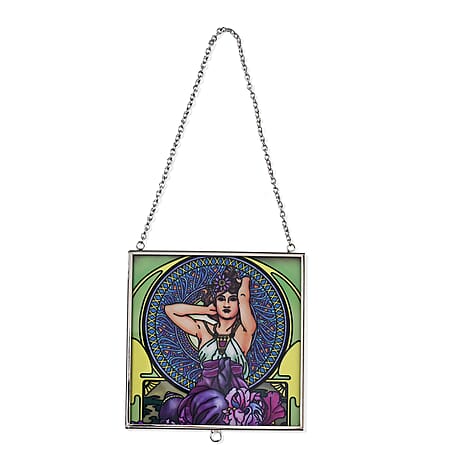 Alphonse Maria Mucha Glass Suncatcher - Square Pendant with Chain - Silver Frame - Green