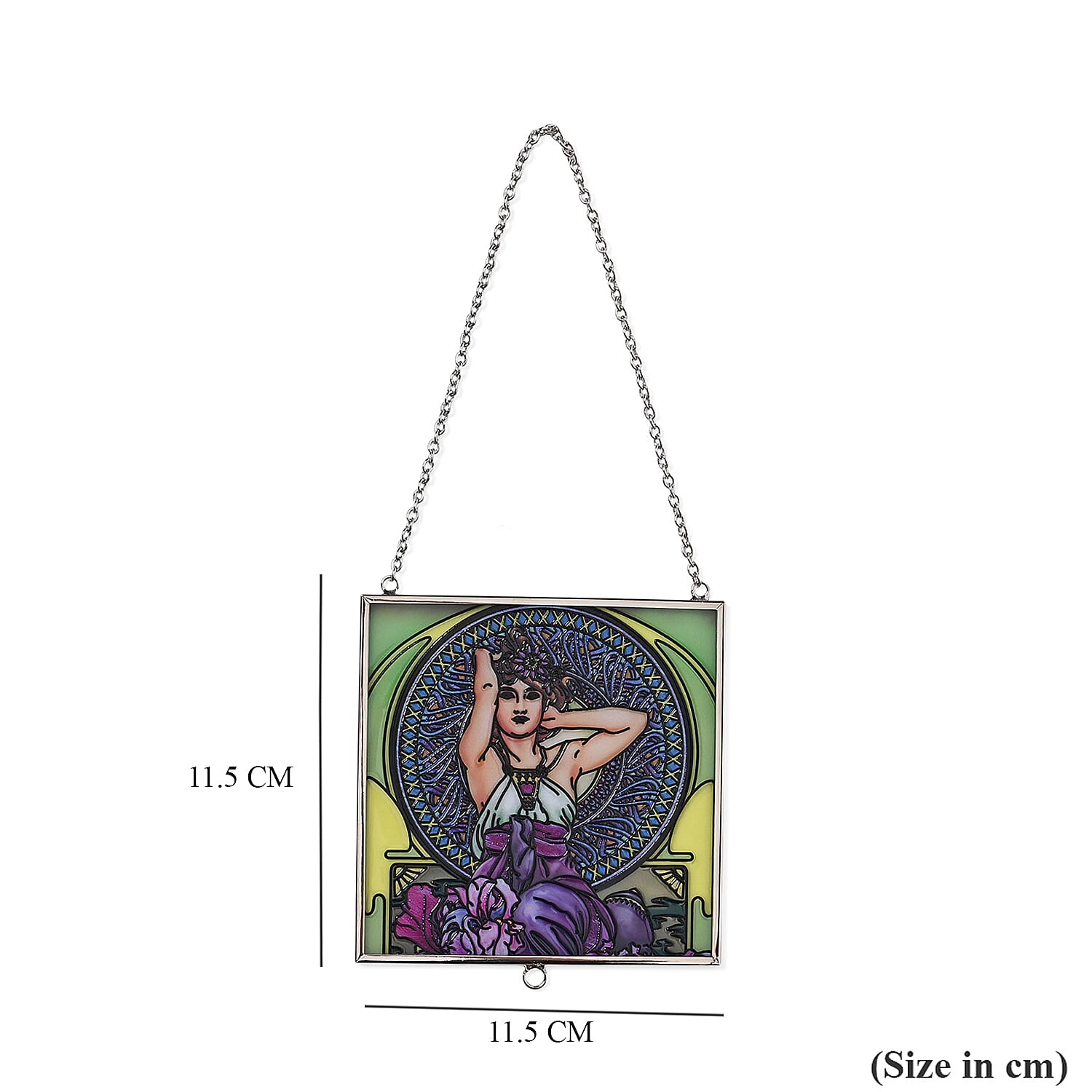 Alphonse Maria Mucha Glass Suncatcher - Square Pendant with Chain & Silver Frame - Multicolour
