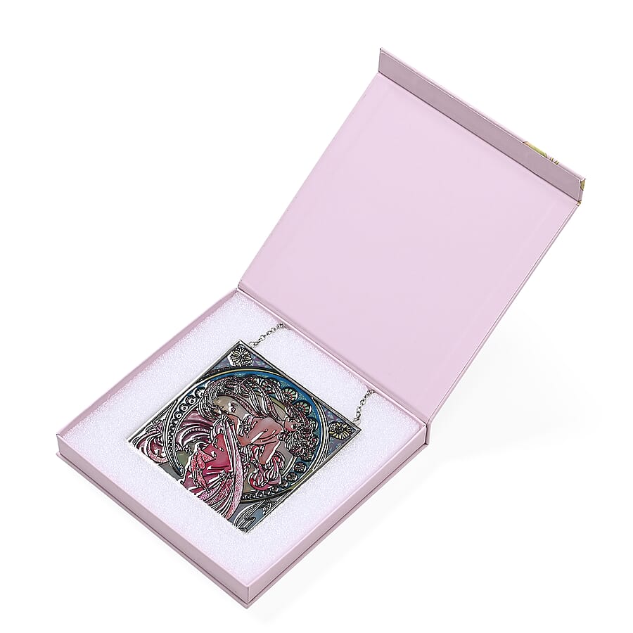 Alphonse Maria Mucha Glass Suncatcher - Square Pendant with Chain - Silver Frame - Pink
