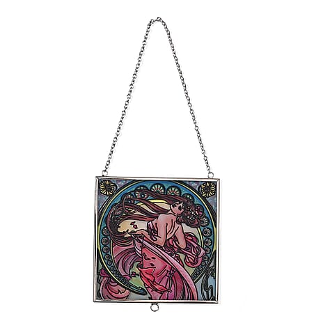 Alphonse Maria Mucha Glass Suncatcher - Square Pendant with Chain & Silver Frame - Multicolour