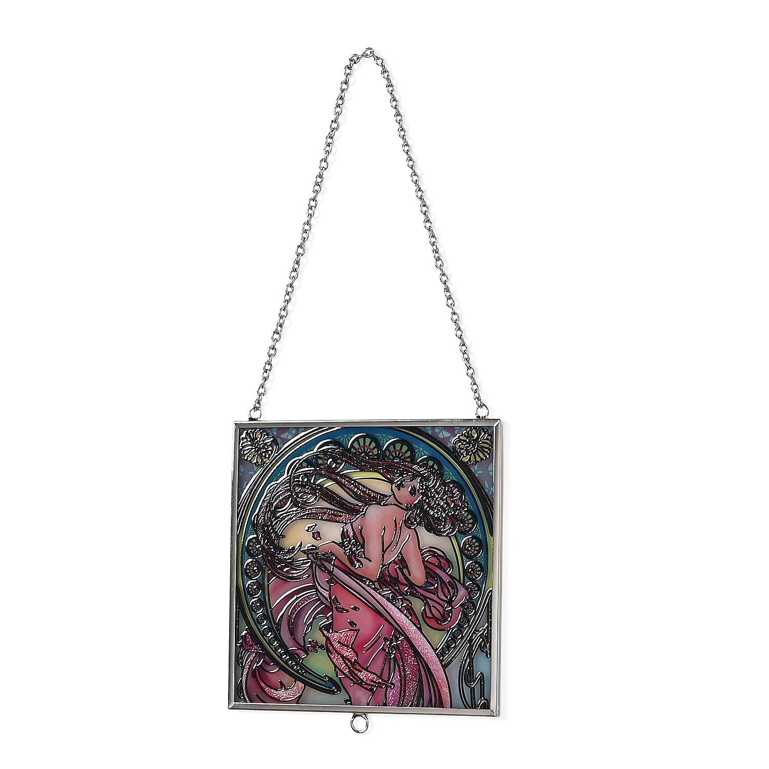 Alphonse Maria Mucha Glass Suncatcher - Square Pendant with Chain & Silver Frame - Multicolour