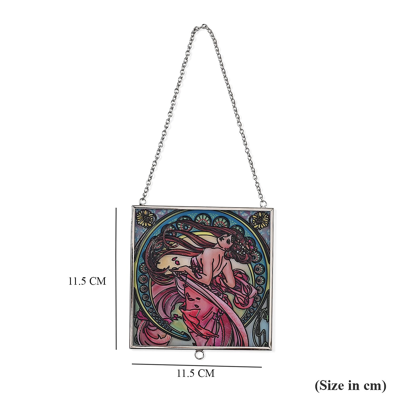 Alphonse Maria Mucha Glass Suncatcher - Square Pendant with Chain & Silver Frame - Multicolour