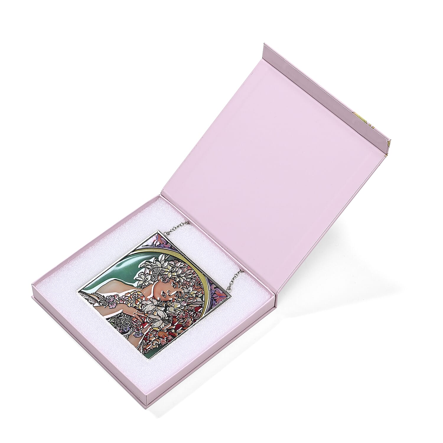 Alphonse Maria Mucha Glass Suncatcher - Square Pendant with Chain & Silver Frame - Multicolour