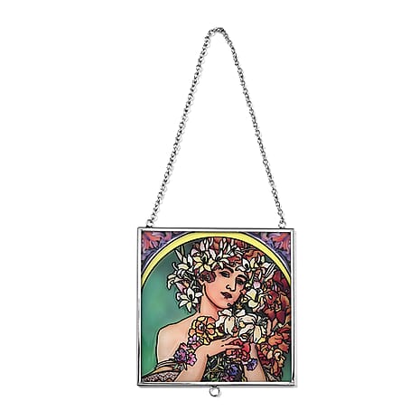 Alphonse Maria Mucha Glass Suncatcher - Square Pendant with Chain & Silver Frame - Multicolour